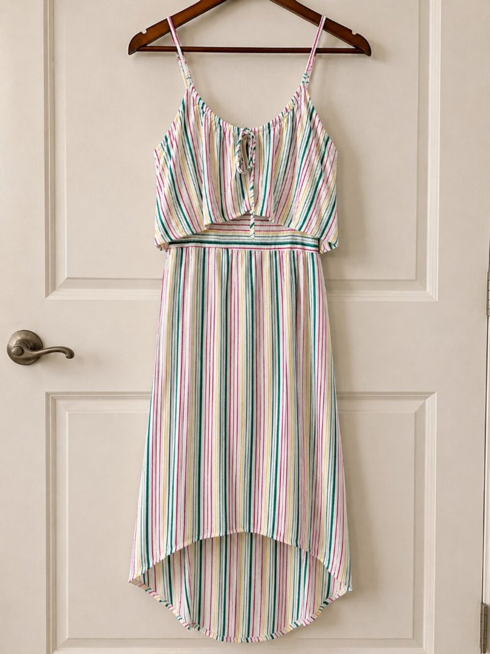Linen Blend Striped Maxi Dress Womens M Open Back High Low Resort Vacation